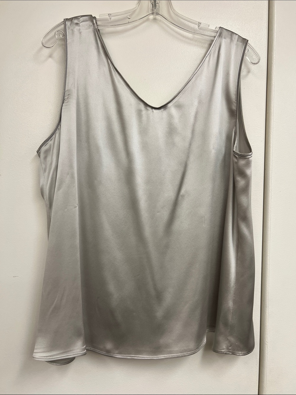 Lafayette 148 Satin V-Neck Sleeveless Tank Top - Silver Gray Grey Pleat in Back